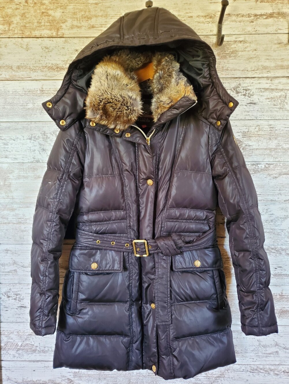 Vince Camuto Parka Fur Trim Quilted Puffer Hooded Duck Down Belted Gold